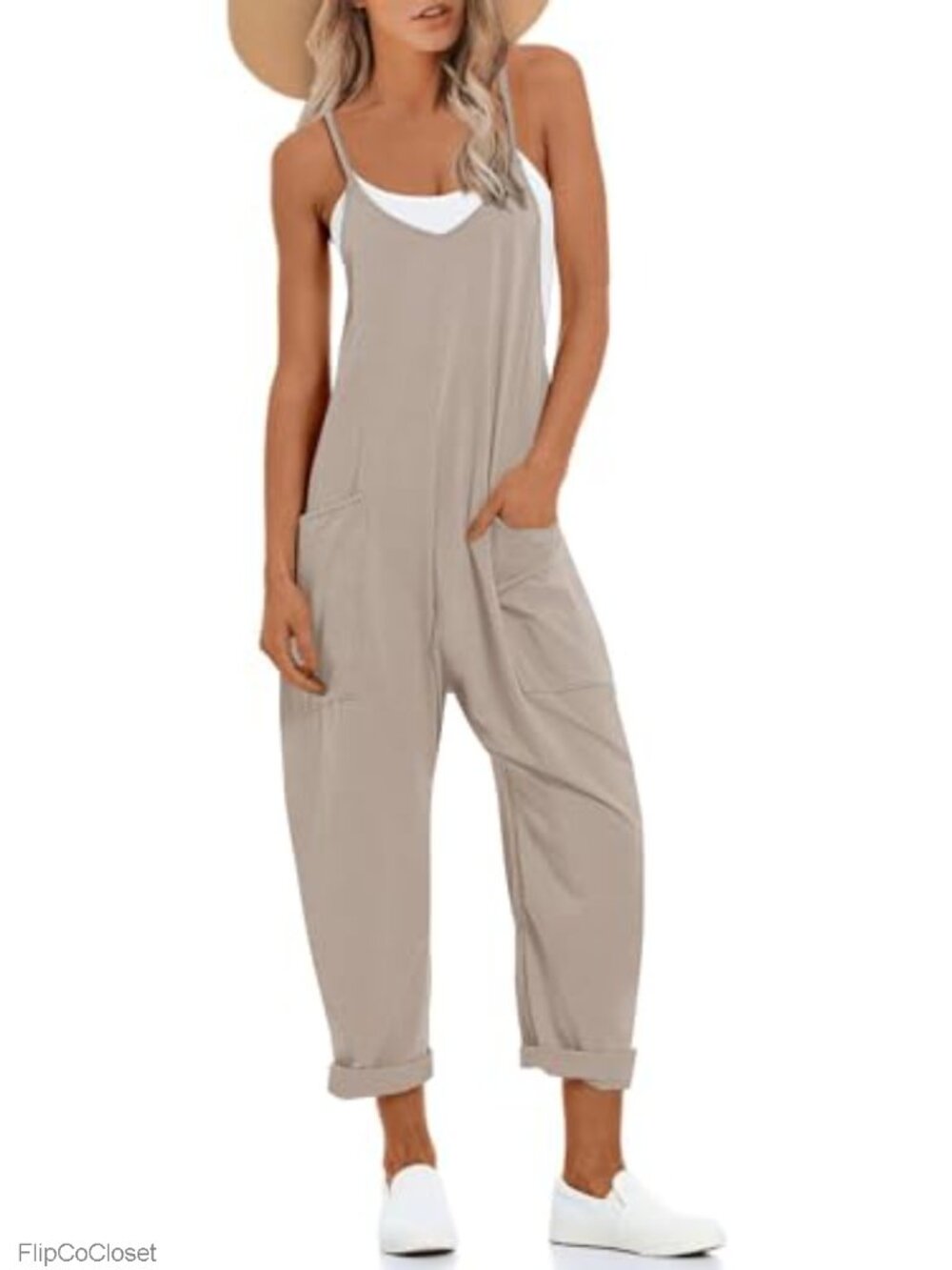 Womens Casual Jumpsuit V Neck Sleeveless Wide Leg Harem Pants with Pockets